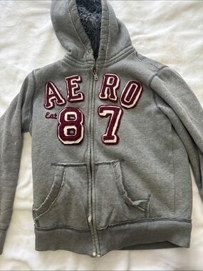 Aeropostale Gray Hooded Zip-Up Jacket with Maroon Appliqué 87